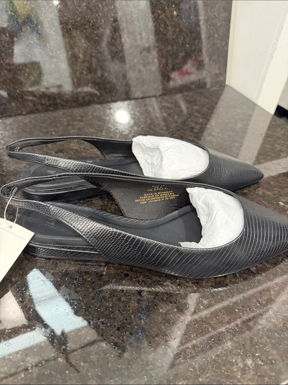 H&M Black Textured Pointed Slingback Flats